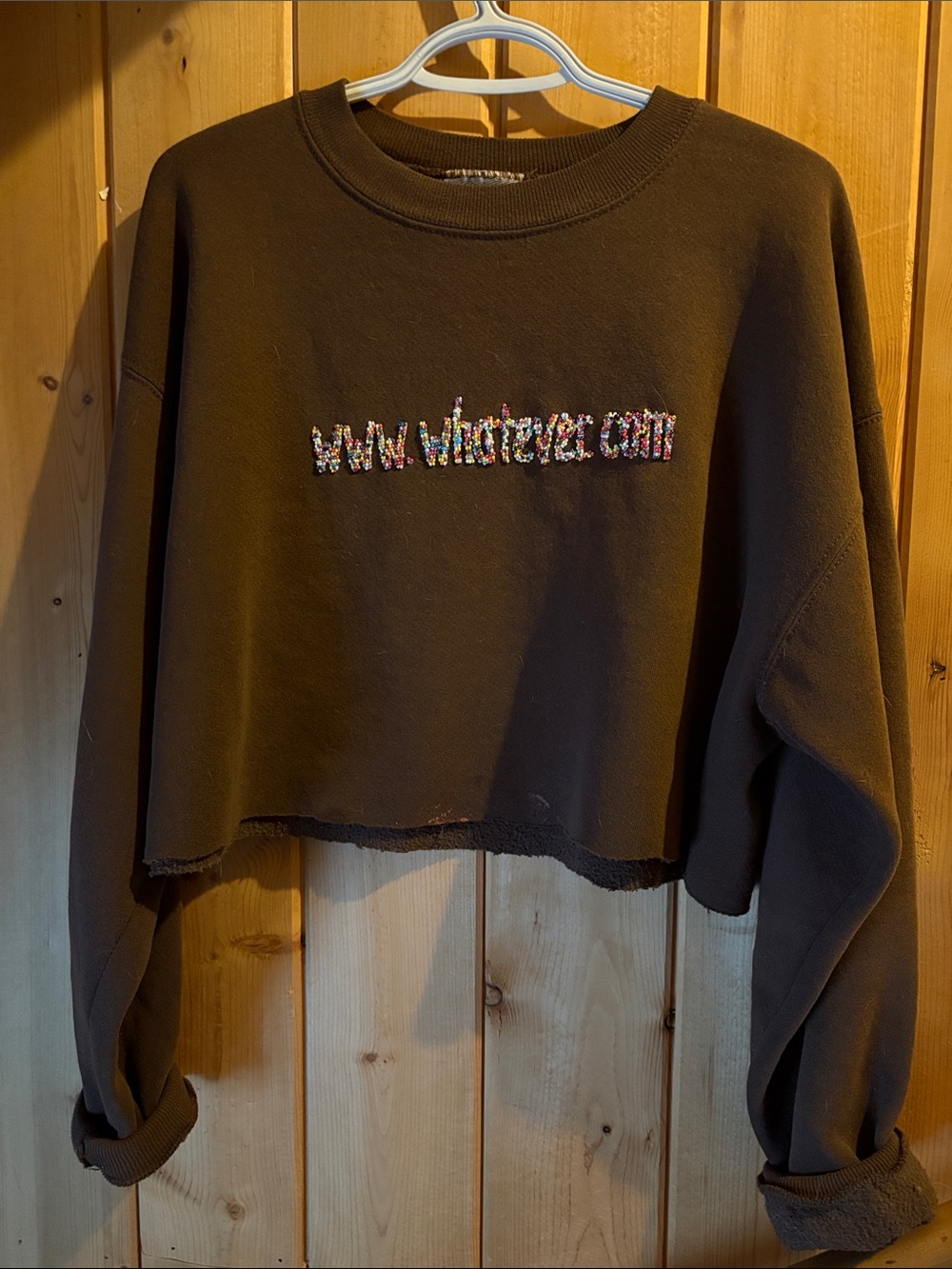 Lee Brown Cropped Sweatshirt with Multicolor Beaded Logo
